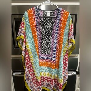 Trina Turk Multicolor Geometric V-Neck silk cover up, resort vacation caftan